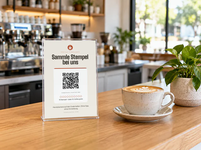 Symbolbild: QR-Aufsteller auf der Theke eines Cafés neben einem Cappuccino