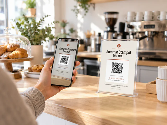 Symbolbild: Im Café hält eine Hand das Handy vor einen QR-Aufsteller auf der Theke